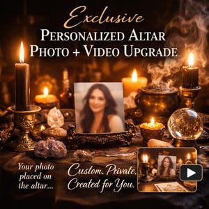 Puede incluir: Imagen que promociona una actualización de foto y video de altar personalizada. La escena incluye velas encendidas, una foto, cristales y el texto "Exclusive PERSONALIZED ALTAR PHOTO + VIDEO UPGRADE". También es visible el texto "Your photo placed on the altar... Custom, Private, Created for You."