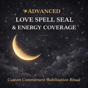 Puede incluir: Imagen con fondo de cielo nocturno, con una luna creciente y estrellas. El texto en la parte superior dice "ADVANCED LOVE SPELL SEAL & ENERGY COVERAGE". El texto inferior dice "Custom Commitment Stabilization Ritual".