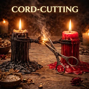 May include: Image of a cord-cutting ritual with two lit candles, one black and one red, connected by a rope being cut by scissors. The text "CORD-CUTTING" is at the top. The scene is set on a wooden surface with other ritual items.
