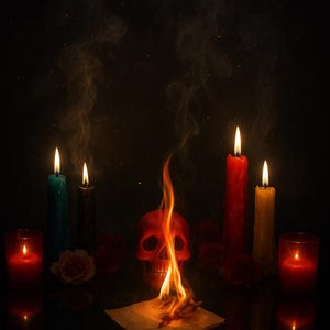 May include: A dark, moody scene featuring a red skull, burning paper, and several lit candles in shades of red, teal, and yellow. Smoke rises from the flames and candles, with rose accents. The scene is set against a black background.
