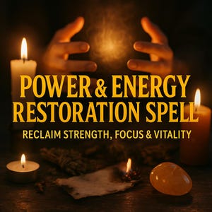 Könnte beinhalten: Dunkles Bild mit brennenden Kerzen und einem leuchtenden Orb, der zwischen Händen gehalten wird. Der Text lautet "POWER & ENERGY RESTORATION SPELL" und "RECLAIM STRENGTH, FOCUS & VITALITY".
