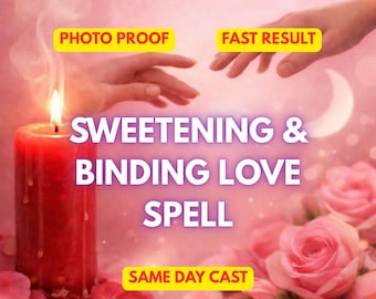 May include: A red candle with a lit flame, smoke, and the text "Sweetening & Binding Love Spell" is featured in this image. The words "Photo Proof", "Fast Result", and "Same Day Cast" are also present.