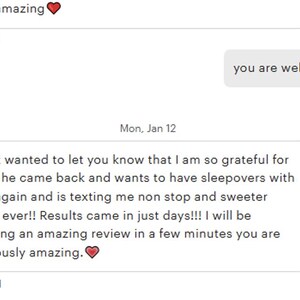 May include: Screenshot of a text message conversation. The messages include expressions of gratitude and positive feedback. The text mentions sleepovers, texting, and an amazing review. The date is January 12.