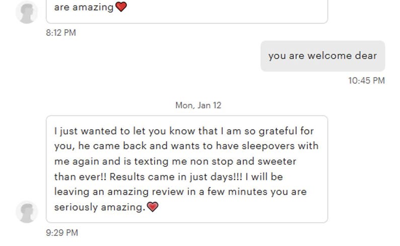 May include: Screenshot of a text message conversation. The messages include expressions of gratitude and positive feedback. The text mentions sleepovers, texting, and an amazing review. The date is January 12.