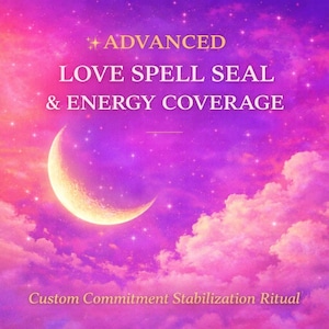Op de afbeelding: Een digitale afbeelding met een levendige paarse en roze gradiëntlucht vol sterren en wolken. Een gloeiende halve maan bevindt zich aan de linkerkant. De tekst luidt: ADVANCED LOVE SPELL SEAL & ENERGY COVERAGE en Custom Commitment Stabilization Ritual.