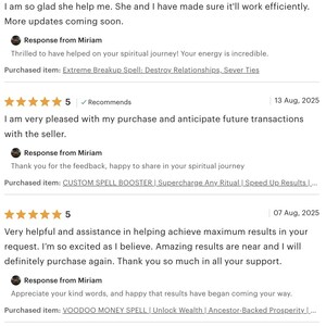 May include: Screenshot of Etsy product reviews. Each review displays a 5-star rating and a recommendation. The reviews include customer feedback and responses from the seller, Miriam. Purchased items include spells for relationships and wealth.