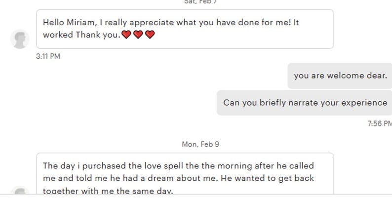 May include: Screenshot of a text message conversation. The messages include expressions of gratitude and a narrative about a love spell. The date and time stamps are visible. The text bubbles are white with black text.