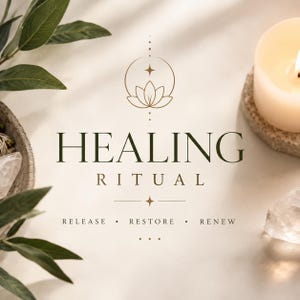 May include: A graphic design featuring the text HEALING RITUAL in dark green and gold, with the words RELEASE, RESTORE, RENEW below. The design includes a lotus flower icon, a lit candle, green leaves, and clear crystals arranged around the text.