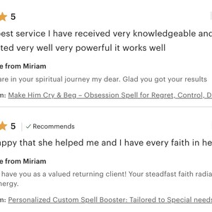 May include: Screenshot of two customer reviews, each with a five-star rating. The reviews praise the service as knowledgeable and powerful. The reviews are dated October 11 and 12, 2025. The purchased items are listed.