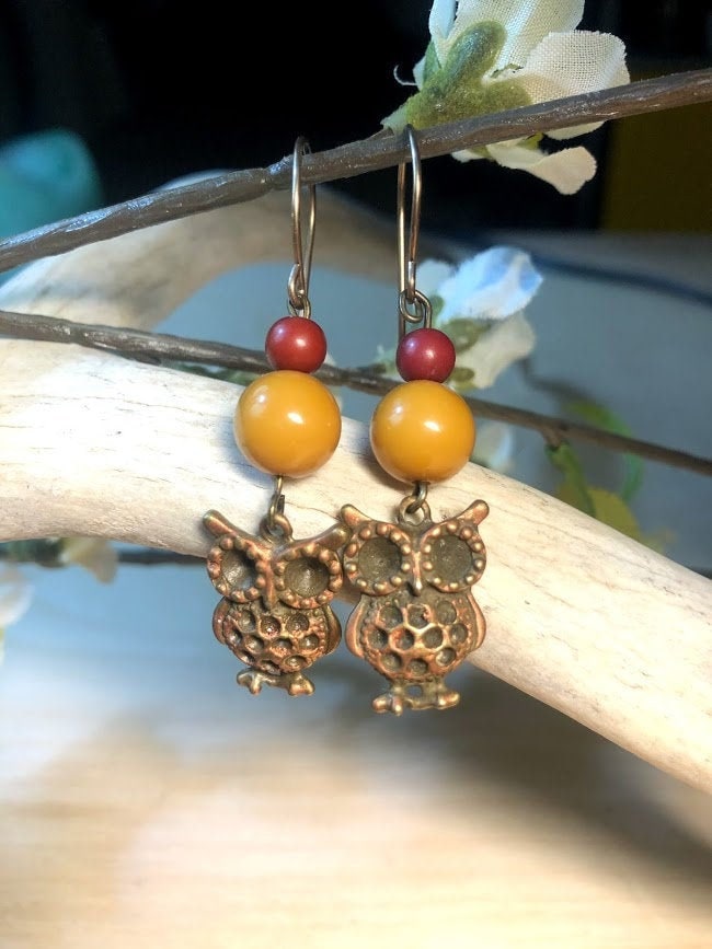 Metal Owl Charm Earrings with Beads