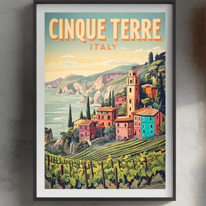 Cinque Terre Italy Travel Poster | Retro Italian Coast Wall Art | Digital Download Vintage Landscape Print | Mediterranean Home Decor
