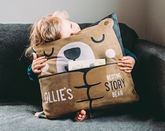 Custom Kids Bedtime Story Bear Pocket Pillow | Cushion | Kids Room Decor | Cute Kids Decor | Kids Book Pillow | Gift for Toddlers