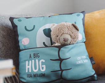 Personalised Bear Hug Cushion With Pocket | Ideal Gift for Children | Birthday, Special Occasion, Miss You, Story Time Cushion