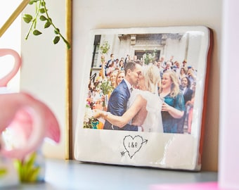 Personalised Glazed Ceramic Photo Tile With Initials | Ideal Gift for Couples | Anniversary, Birthday, Wedding, Just Because