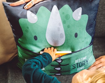 Personalised Story Time Dino Cushion With Pocket | Ideal Gift for a Child | Birthday, Baby Shower, Reading Gift, Story Time