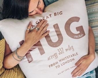 Personalised 'Hug Across The Miles' Cushion | Brown on White | Ideal Gift for Birthday, Long Distance, Sending Love, Miss You