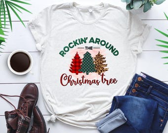 Rockin’ Around the Christmas Tree PNG | Retro Xmas Sublimation | Plaid Leopard Tree Clipart | Holiday Shirt
