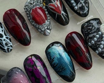 Custom Gothic Romance Press On Gel Nails | Cat Eye Vampire Nails | Whimsigoth