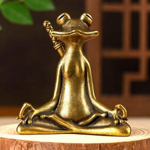 Vintage Brass Frog Statuette - Lucky Figurine with Sword, Zen Ornament for Office and Home