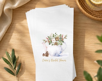 Custom Winter Bridal Shower Napkins, Teapot Floral Cocktail Napkin, Holiday Tea Party Decor, Personalized Wedding Shower Favors