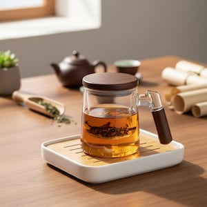 Könnte beinhalten: Ein Glas-Tee-Infuser mit Holzdeckel und Griff, gefüllt mit Tee und auf einem weißen Bambustablett. Eine braune Teekanne und eine kleine grüne Teetasse befinden sich im Hintergrund, zusammen mit einem Holzschöpfer und Teeblättern.