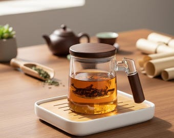 Xícara de chá de vidro borossilicato com cabo de madeira e infusor para folhas soltas.