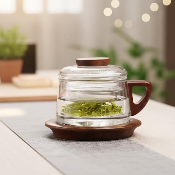 Glass Tea Infuser Mug with Wooden Handle, Filter & Coaster