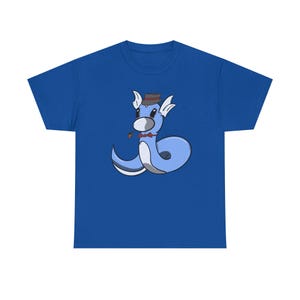 May include: A royal blue short-sleeve t-shirt featuring a graphic illustration of a light blue serpentine creature wearing a dark gray top hat and a red bow tie, with a small brown pipe held in its mouth, centered on the front of the garment.