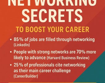 May include: An infographic with a red and teal gradient background. The text reads "19 Networking Secrets to Boost Your Career." Bullet points highlight networking statistics and a call to action to discover proven strategies for career growth.