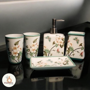 Keramik Toiletten Set Für Wohnkultur | 5-teiliges Badezimmer Dekor-Set | Seifenspender, Zahnbürstenhalter, Becher Und Seifenschale | Küchen Dekor