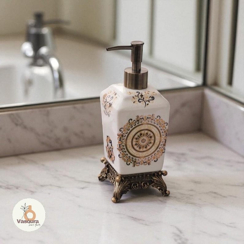 Victorian Ceramic Soap Dispenser For Home Decor | Vintage Bathroom Counter Decor Refillable Lotion Pump Bottle | Kitchen Accessories