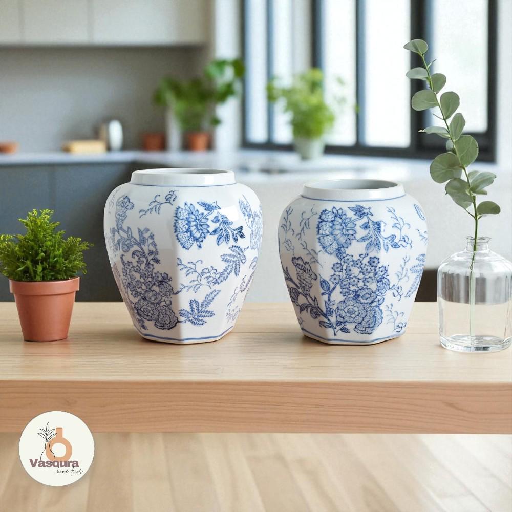 青白い花模様の陶器花瓶 青と白のシノワズリ風陶器製花瓶(ホームデコレーション用