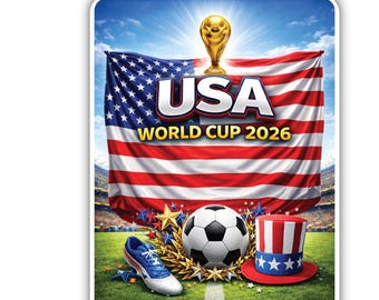 Pegatina de vinilo con la bandera estadounidense y la Copa Mundial de Fútbol de EE. UU.: Calcomanía para coche, camión o ventana.