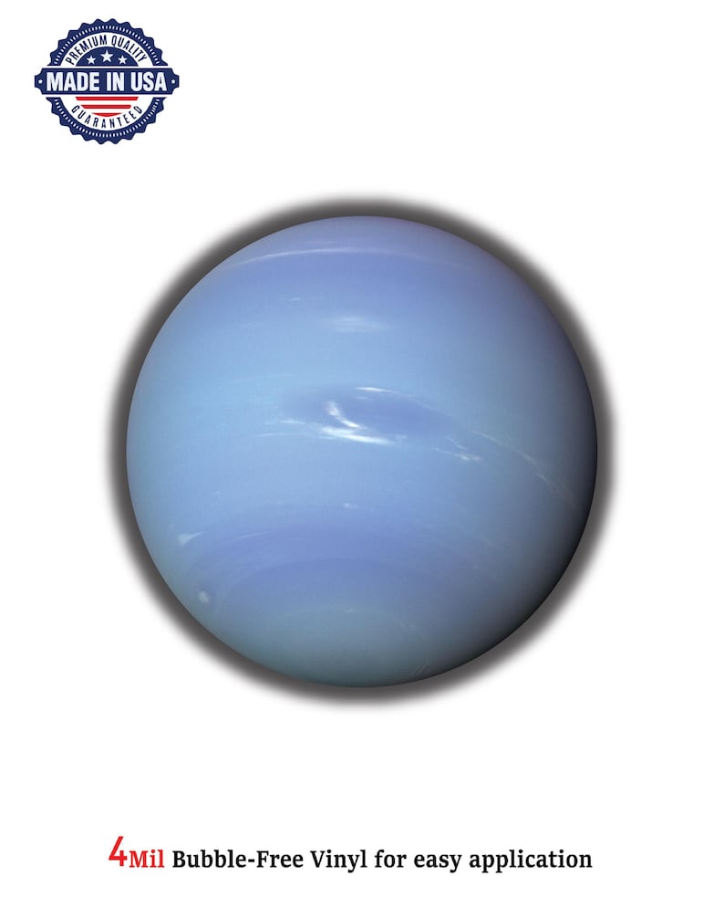 Puede incluir: Ilustraci&oacute;n de un planeta azul claro con una sombra oscura, que se asemeja a Neptuno. La imagen incluye un sello "Made in USA" y el texto "4Mil Bubble-Free Vinyl for easy application."
