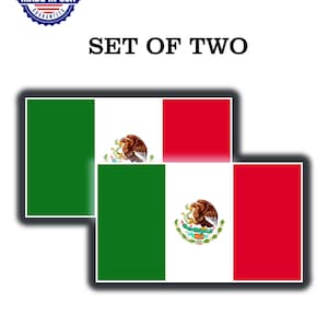 May include: Set of two vinyl stickers featuring the Mexican flag design. Each sticker has a green, white, and red color scheme with the Mexican coat of arms. The stickers are made in the USA.