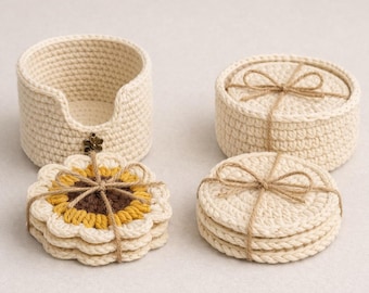 Schema per sottobicchieri e portaoggetti all'uncinetto / Sottobicchieri a forma di girasole + sottobicchieri rotondi minimali / Download PDF per principianti