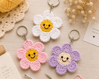 Smiley Flower Crochet Pattern PDF | Daisy Keychain Tutorial