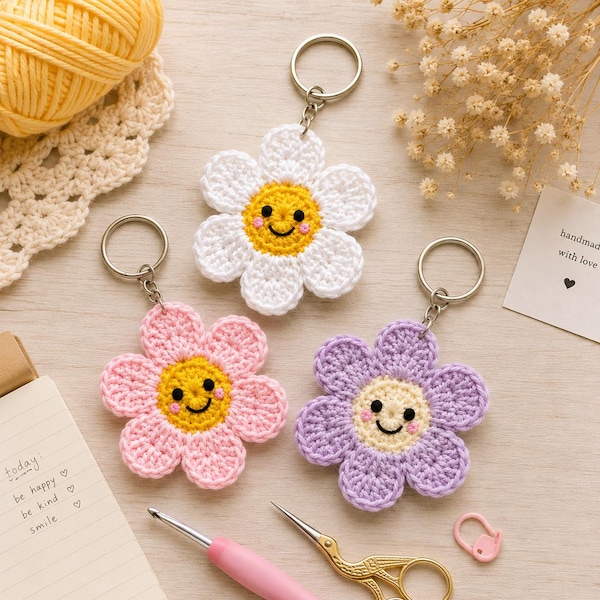 Haakpatroon smileybloem pdf | Zelfstudie madeliefje-sleutelhanger