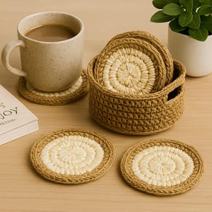 May include: A set of handmade crochet coasters in a basket, with a mug of coffee and a small plant. The coasters have a light beige center and a darker beige border. The basket is also made of the same beige material.