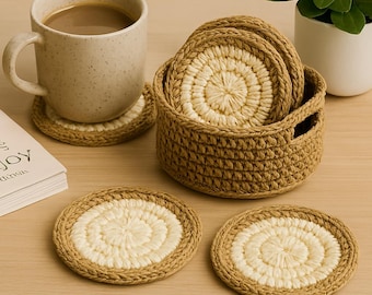 Patrón de posavasos de ganchillo en PDF, posavasos redondos y cesta para decoración del hogar.
