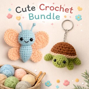 May include: A crochet bundle featuring a blue butterfly with peach wings and a green turtle keychain with a brown shell. The image includes a basket of yarn in various pastel colours and the text "Cute Crochet Bundle".