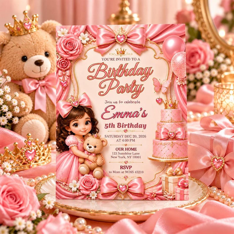 Pink Roses Invite Pink Birthday Invite, Editable 5x7 Canva Template With Satin Bows and ...