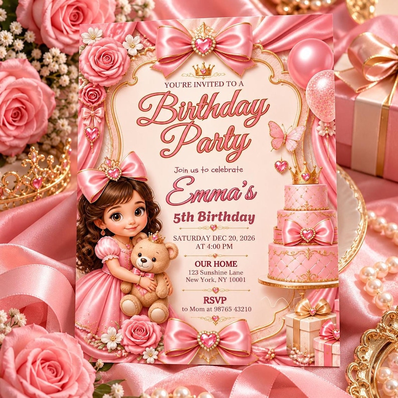 Pink Roses Invite Pink Birthday Invite, Editable 5x7 Canva Template With Satin Bows and ...