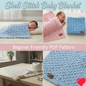 May include: A selection of shell stitch baby blankets in shades of blue, pink, and cream. The blankets are shown with a sleeping baby and folded. The image includes the text "Shell Stitch Baby Blanket" and "Beginner Friendly PDF Pattern".
