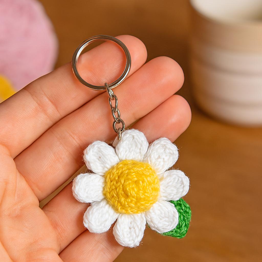 3D Daisy Keychain Crochet Pattern | Puff Stitch Flower PDF | Easy