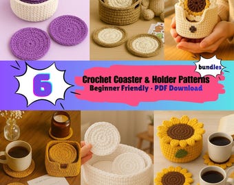 Crochet Coaster Set Patterns, Six Beginner-Friendly PDF Designs with Matching Holders