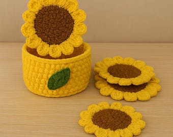Sunflower Coaster Crochet Pattern | Basket & Lid PDF | DIY Flower Home Decor