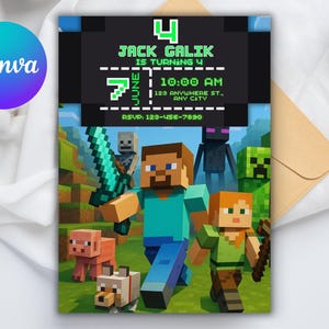 Editable Pixel Game Birthday Invitation Template – Block Builder Party Card, Gamer Birthday Invite, Pixel Party Design, Customizable PDF