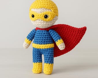 Patrón de ganchillo para muñeco superhéroe, tutorial de amigurumi en PDF, patrón fácil de imprimir.