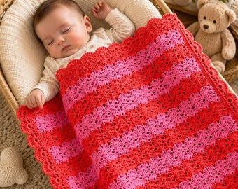 Easy Shell Stitch Crochet Throw Blanket Pattern, Striped Beginner Blanket (PDF Download)